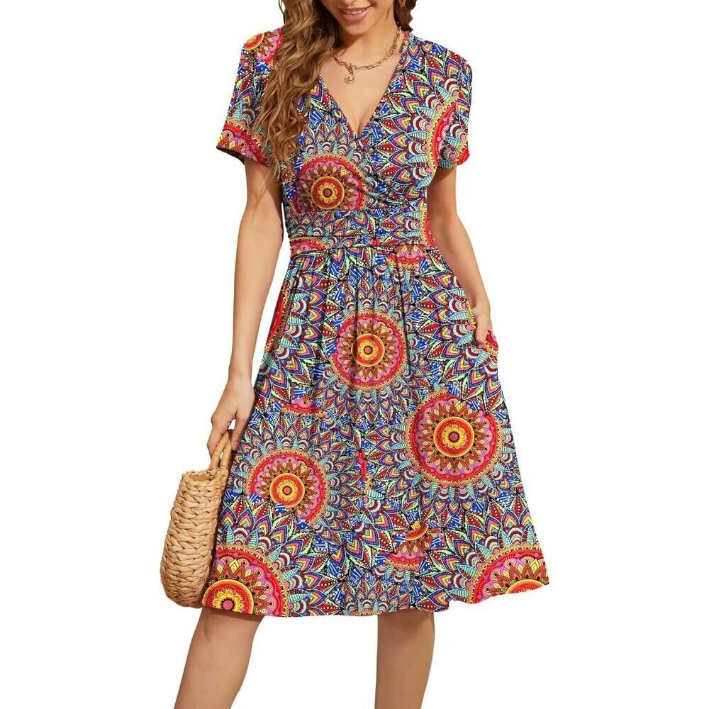 Women Peacock Blue Short Sleeve V-Neck Floral Stretchy Party Dress with Pockets